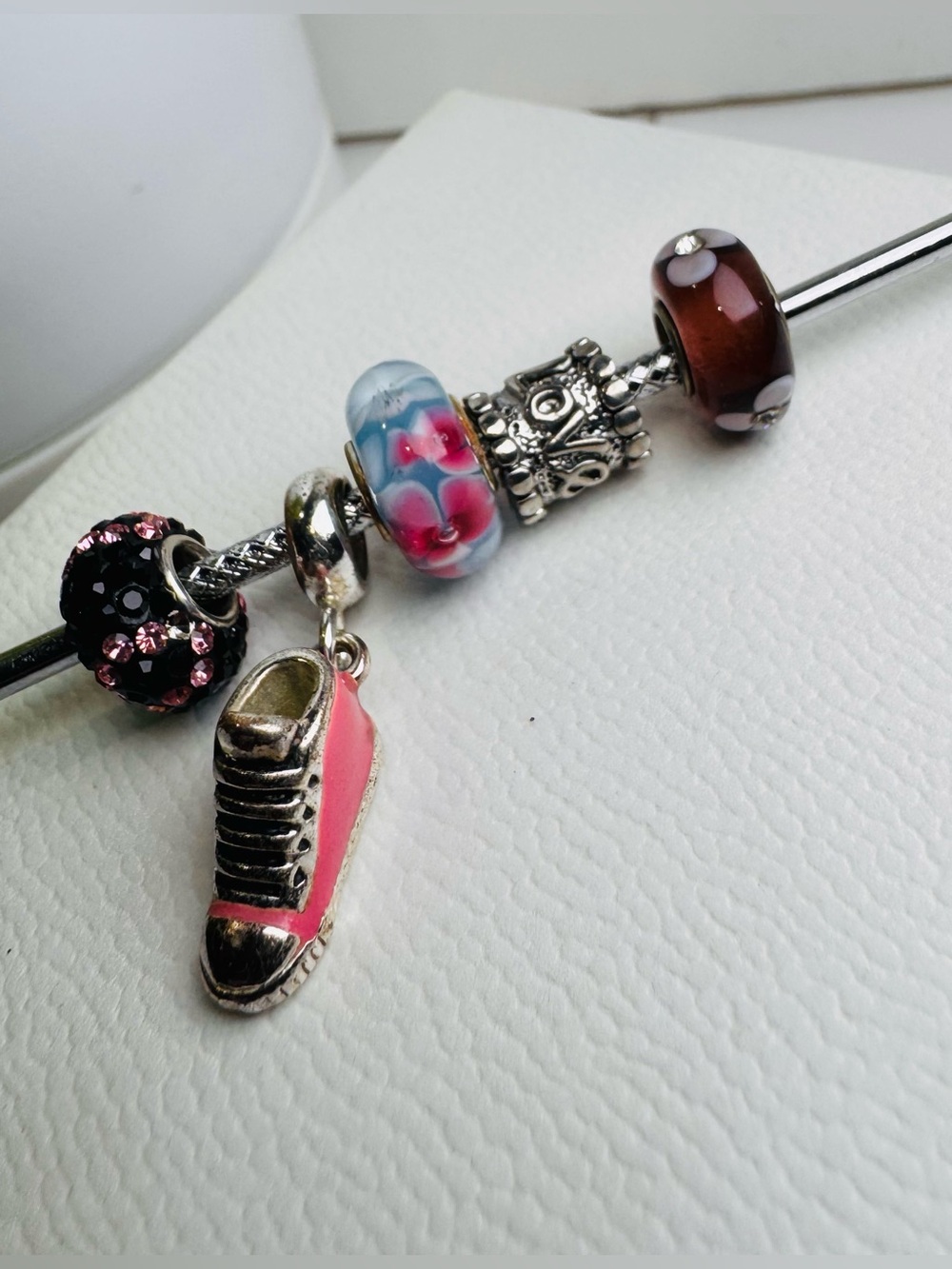 Bracelet Charms Pink, Purple & Silver Theme Set of 5. Floral/Glass/CZ